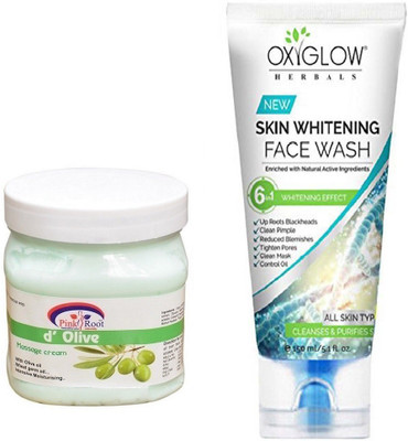 

Pink Root D'OLIVE MASSAGE CREAM 500ML WITH OXYGLOW SKIN WHITENING FACE WASH(Set of 2)