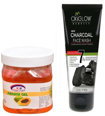 Pink Root PAPAYA GEL 500ML WITH OXYGLOW CHARCOAL FACE WASH(Set of 2)