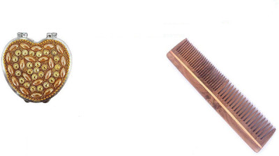 

Fully Designer Compact Mirror With Neem Wood Comb, Designer Pearl Folding Compact Mirror For Makeup With Pure Neem Wood Comb, Set Of 2(Set of 2)
