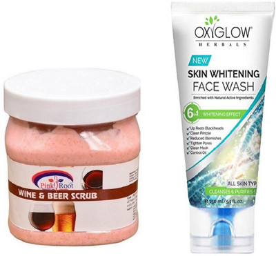 

Pink Root WINE & BEER SCRUB 500ML WITH OXYGLOW SKIN WHITENING FACE WASH(Set of 2)
