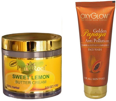

Pink Root SWEET LEMON BUTTER CREAM 100GM WITH OXYGLOW GOLDEN PAPAYA FACE WASH(Set of 2)