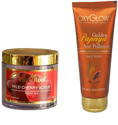 

Pink Root WILD CHERRY SCRUB 100GM WITH OXYGLOW GOLDEN PAPAYA FACE WASH(Set of 2)