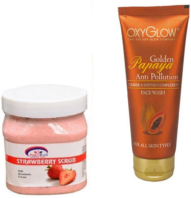 Pink Root STRAWBERRY SCRUB 500ML WITH OXYGLOW GOLDEN PAPAYA FACE WASH(Set of 2)