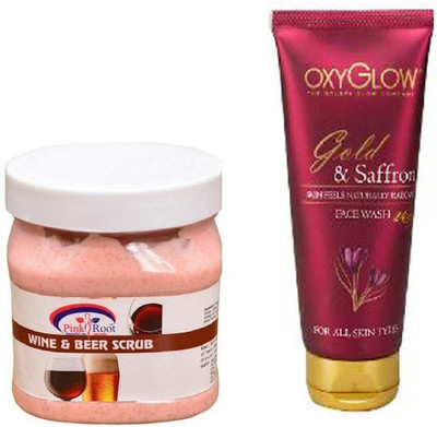 

Pink Root WINE & BEER SCRUB 500ML WITH OXYGLOW GOLD & SAFFRON FACE WASH(Set of 2)
