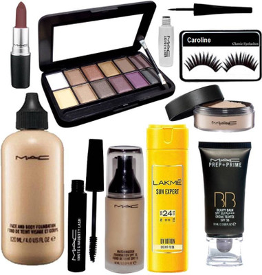 

caroline EYELASHES , MAC 12 SHADES EYE SHADOW PALETTE , FACE AND BODY & MATCH MASTER FOUNDATION , LASH MASCARA , LIQUID EYELINER , MATTE FINISH LIPSTICK , LOOSE POWDER , PREP+PRIME BB BEAUTY BALM CREAM TEINTEE WITH LAKME SUN EXPERT UV LOTION(Set of 10)
