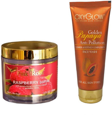 

Pink Root RASPBERRY SCRUB 100GM WITH OXYGLOW GOLDEN PAPAYA FACE WASH(Set of 2)
