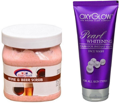 Pink Root WINE & BEER SCRUB 500ML WITH OXYGLOW PEARL WHITENING FACE WASH(Set of 2)