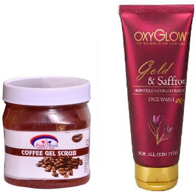 

Pink Root COFFEE GEL SCRUB 500ML WITH OXYGLOW GOLD & SAFFRON FACE WASH(Set of 2)