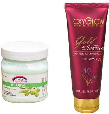

Pink Root D'OLIVE MASSAGE CREAM 500ML WITH OXYGLOW GOLD & SAFFRON FACE WASH(Set of 2)