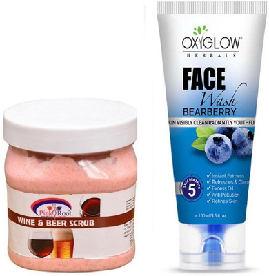 

Pink Root WINE & BEER SCRUB 500ML WITH OXYGLOW BEARBERRY FACE WASH(Set of 2)
