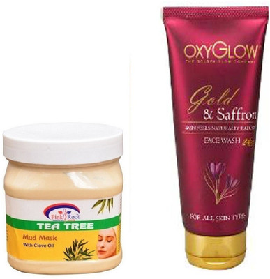 

Pink Root TEA TREE MUD MASK 500ML WITH OXYGLOW GOLD & SAFFRON FACE WASH(Set of 2)
