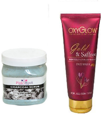 

Pink Root CHARCOAL SCRUB 500ML WITH OXYGLOW GOLD & SAFFRON FACE WASH(Set of 2)