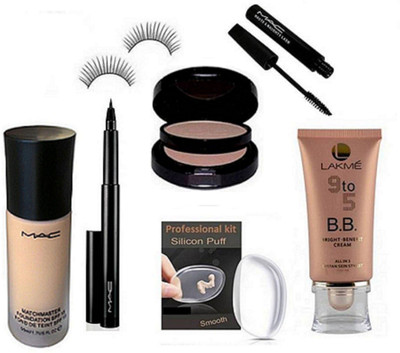 

Professional kit Silicon Puff,Eyelashes with Pen Eyeliner& Two Way compact, 9to5 B.B Bright Benefit Cream & Mac Match Master Foundation(Set of 6)