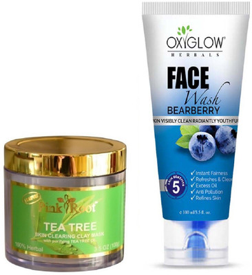 

Pink Root TEA TREE SKIN CLEARING CLAY MASK 100GM WITH OXYGLOW BEARBERRY FACE WASH(Set of 2)