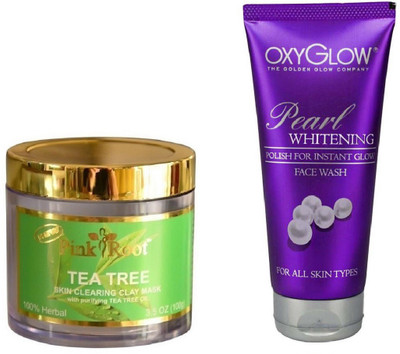 

Pink Root TEA TREE SKIN CLEARING CLAY MASK 100GM WITH OXYGLOW PEARL WHITENING FACE WASH(Set of 2)