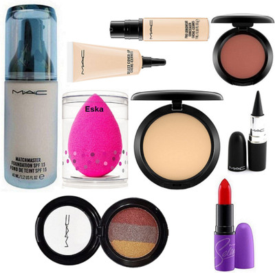 

Eska sponge Puff, Mac MatchMaster Foundation SPF 15, Compact,Select Coverup, Pro Longwear Concealer, Blusher,Stick Kajal, 3 Color EyeShadow, Selena Lipstick(Set of 9)