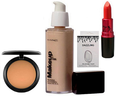 

DAZZLING Silicon Puff & MAkeup Pro LOngwear Foundation & Mac Compect & Lady Gaga LIpstick(Set of 4)