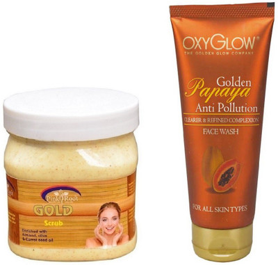 Pink Root GOLD SCRUB 500ML WITH OXYGLOW GOLDEN PAPAYA FACE WASH(Set of 2)