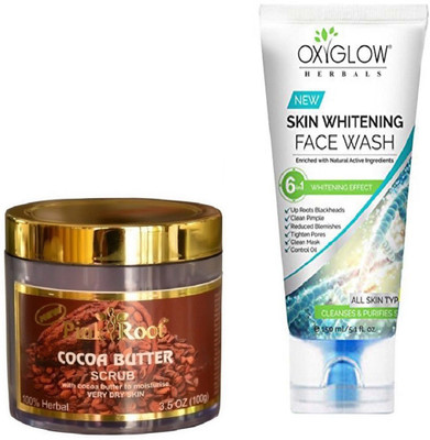 

Pink Root COCOA BUTTER SCRUB 100GM WITH OXYGLOW SKIN WHITENING FACE WASH(Set of 2)
