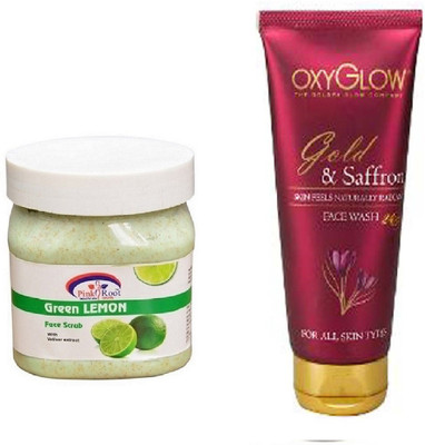 

Pink Root GREEN LEMON SCRUB 500ML WITH OXYGLOW GOLD & SAFFRON FACE WASH(Set of 2)