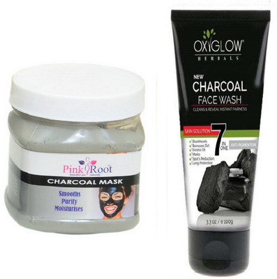 Pink Root CHARCOAL MASK 500ML WITH OXYGLOW CHARCOAL FACE WASH(Set of 2)