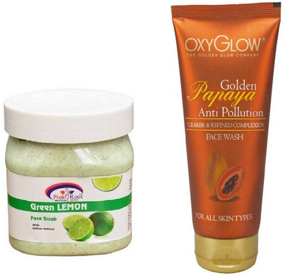 

Pink Root GREEN LEMON SCRUB 500ML WITH OXYGLOW GOLDEN PAPAYA FACE WASH(Set of 2)