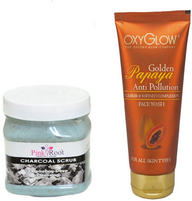 

Pink Root CHARCOAL SCRUB 500ML WITH OXYGLOW GOLDEN PAPAYA FACE WASH(Set of 2)