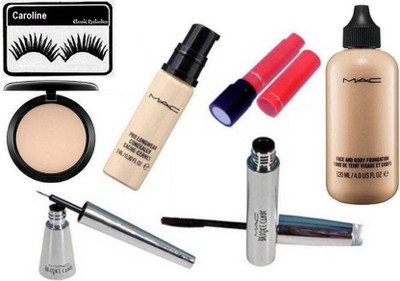 

caroline Eyelashes, Mac Face and Body Foundation, Brooke Candy Liner & Mascara, Pro Longwear Concealer, liptensity matte finish lipstick & Compact(Set of 7)