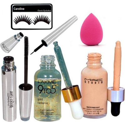 

caroline Sponge puff, Eyelashes & Waterweight Spf 30 Foundation & Lakme 9To5 Gold Radiance Face Serum & Brooke Candy Liner & Mascara(Set of 6)