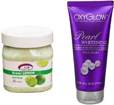 

Pink Root GREEN LEMON SCRUB 500ML WITH OXYGLOW PEARL WHITENING FACE WASH(Set of 2)