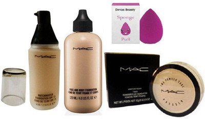 

divas beauty Spounge Puff , Mac Face and Body Foundation Found De Teint With Mac Waterproof Two Powder Plus Foundation Found De Teint Poudre, MatchMaster Liquid Foundation SPF15(Set of 4)