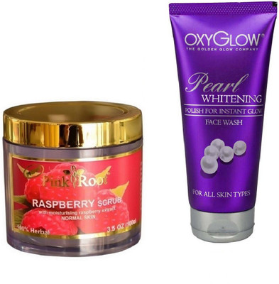 Pink Root RASPBERRY SCRUB 100GM WITH OXYGLOW PEARL WHITENING FACE WASH(Set of 2)