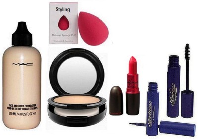 

styling Sponge Puff, Mac Face & Body Foundation, Studio fix Compact, Lady Gaga Lipstick & Eyeliner & Mascara(Set of 6)