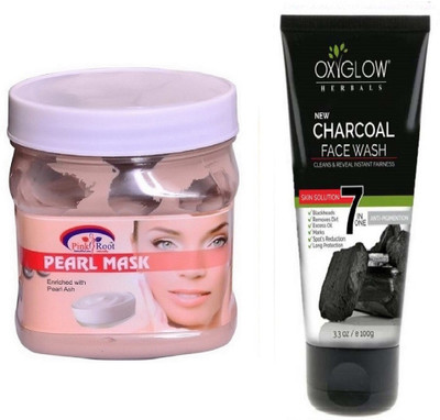 

Pink Root PEARL MASK 500ML WITH OXYGLOW CHARCOAL FACE WASH(Set of 2)