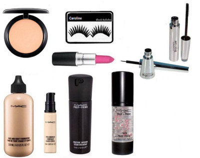 

caroline Eyelashes, Mac face and body foundation, concealer, prep+prime moisture serum and skin vase visage primer, compact , lipstick, brooke candy eyeliner and mascara(Set of 9)