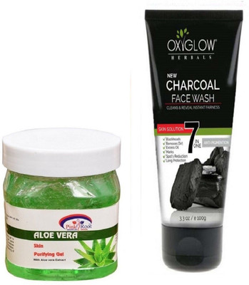 Pink Root ALOE VERA GEL 500ML WITH OXYGLOW CHARCOAL FACE WASH(Set of 2)