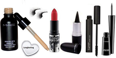 

Longlasting Silicon Puff, Hyper Real Mac Foundation Mac, Brooke Candy Lipstick, Stick Kaj, Zoom Lash Mascara With Liquidlast Eyeliner,Eyalashes(Set of 7)