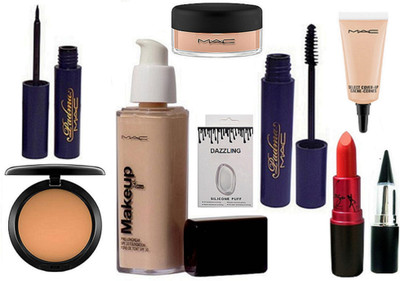 

DAZZLING Silicon Puff & MAkeup Pro LOngwear Foundation & Mac Compect & Padma Eyeliner & Mascara & Lady Gaga Lipstick & Select Cover-up & Stick Kajal & Loose Powder(Set of 11)