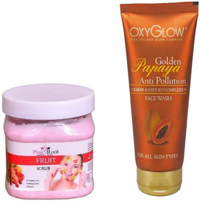 

Pink Root FRUIT SCRUB 500ML WITH OXYGLOW GOLDEN PAPAYA FACE WASH(Set of 2)