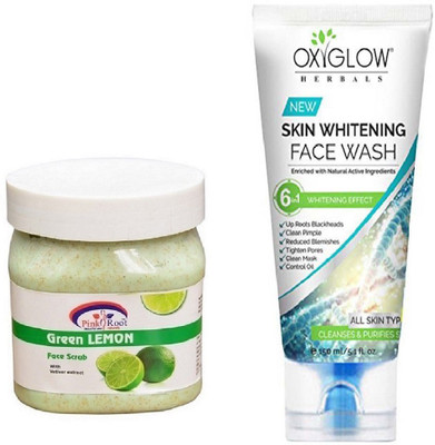

Pink Root GREEN LEMON SCRUB 500ML WITH OXYGLOW SKIN WHITENING FACE WASH(Set of 2)