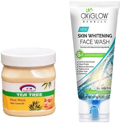 

Pink Root TEA TREE MUD MASK 500ML WITH OXYGLOW SKIN WHITENING FACE WASH(Set of 2)