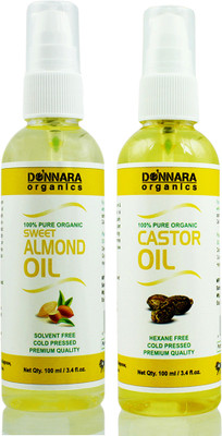 

Donnara Organics 100% Pure Castor oil and Sweet Almond oil Combo of 2 Bottles of 100 ml(200 ml) Hair Oil(200 ml)