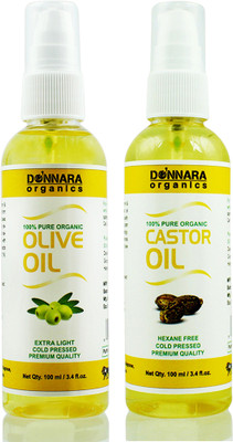 

Donnara Organics 100% Pure Olive oil and Castor oil Combo of 2 Bottles of 100 ml(200 ml) Hair Oil(200 ml)