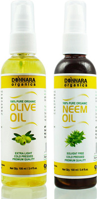 

Donnara Organics 100% Pure Olive oil and Neem oil Combo of 2 Bottles of 100 ml(200 ml) Hair Oil(200 ml)