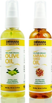 

Donnara Organics 100% Pure Olive oil and Karanj oil Combo of 2 Bottles of 100 ml(200 ml) Hair Oil(200 ml)