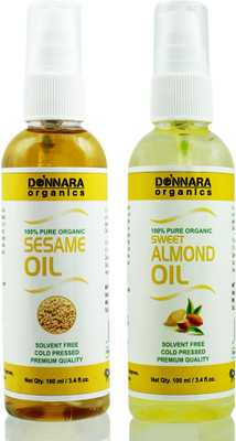 

Donnara Organics 100% Pure Sesame oil and Sweet Almond oil Combo of 2 Bottles of 100 ml(200 ml) Hair Oil(200 ml)