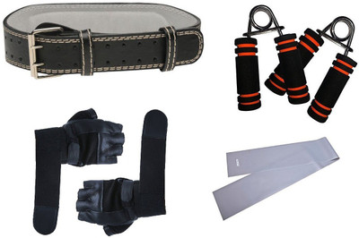 

Krazy Fitness Regular Gym Accessories Combo-4 in 1 Gym Gloves + Gym Belt + Exercise Band & Hand Grip Gym & Fitness Kit