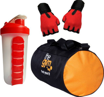 

S.Blaze Combo of Gym Accessories Kit or Fitness Kit, Hand Support Red Gym Gloves + 20L Orange Gym Bag + 700ml Red Tablet Shaker Bottle/Protein Shaker/Sipper for Both Men's & Women's, Boy's & Girl's. Gym & Fitness Kit