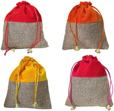 

Muccasacra Festival & Wedding Gifting Velvet Jute Design Multicolour Shagun Gift Potli (pack of 4) Pouch(Multicolor)