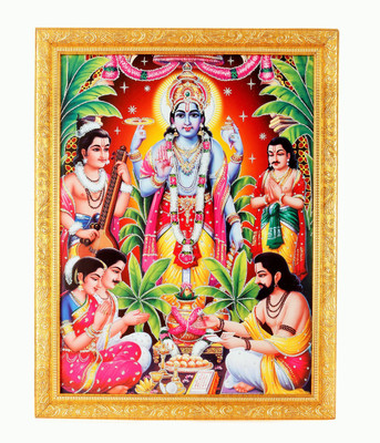 BM Traders Silver Zari Work Photo Of Bhagwan Vishnu In Golden Frame Big (14 X 18 Inches) Religious Frame